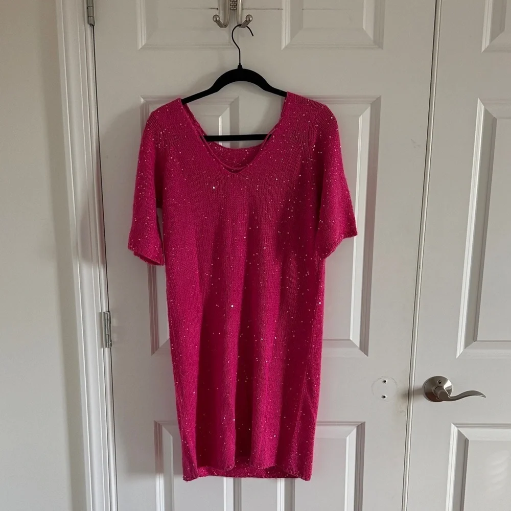 NWOT sparkly hot pink Size XS Knitted Leilani Dress silver sequin detail